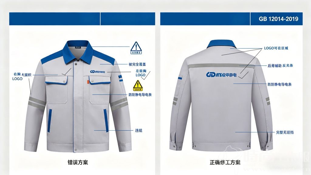 汽修防静电工服 LOGO 印刷错误方案 vs 合规修正方案设计图纸对比