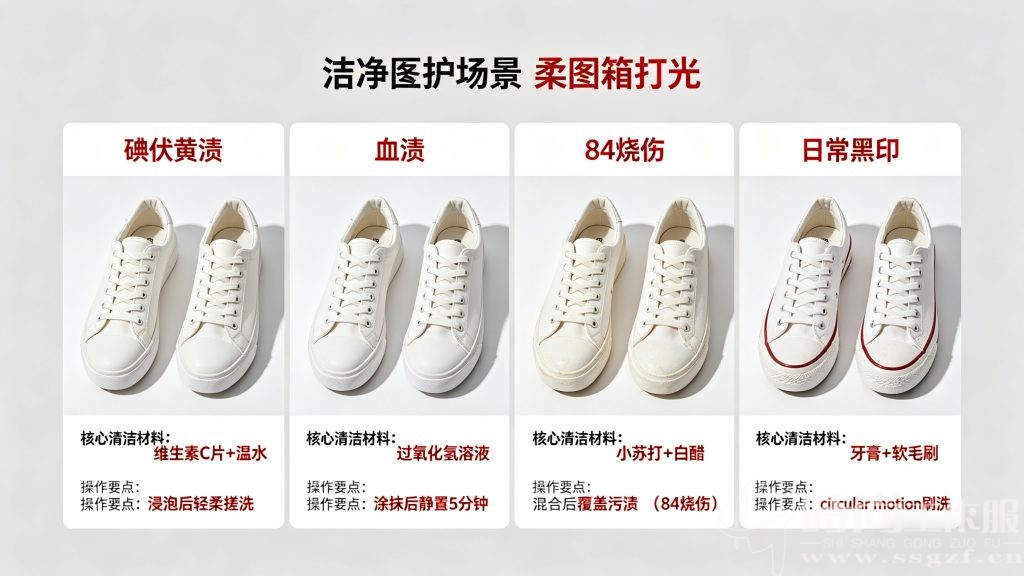 医护小白鞋 4 大顽渍清洁方法对比高清实拍图