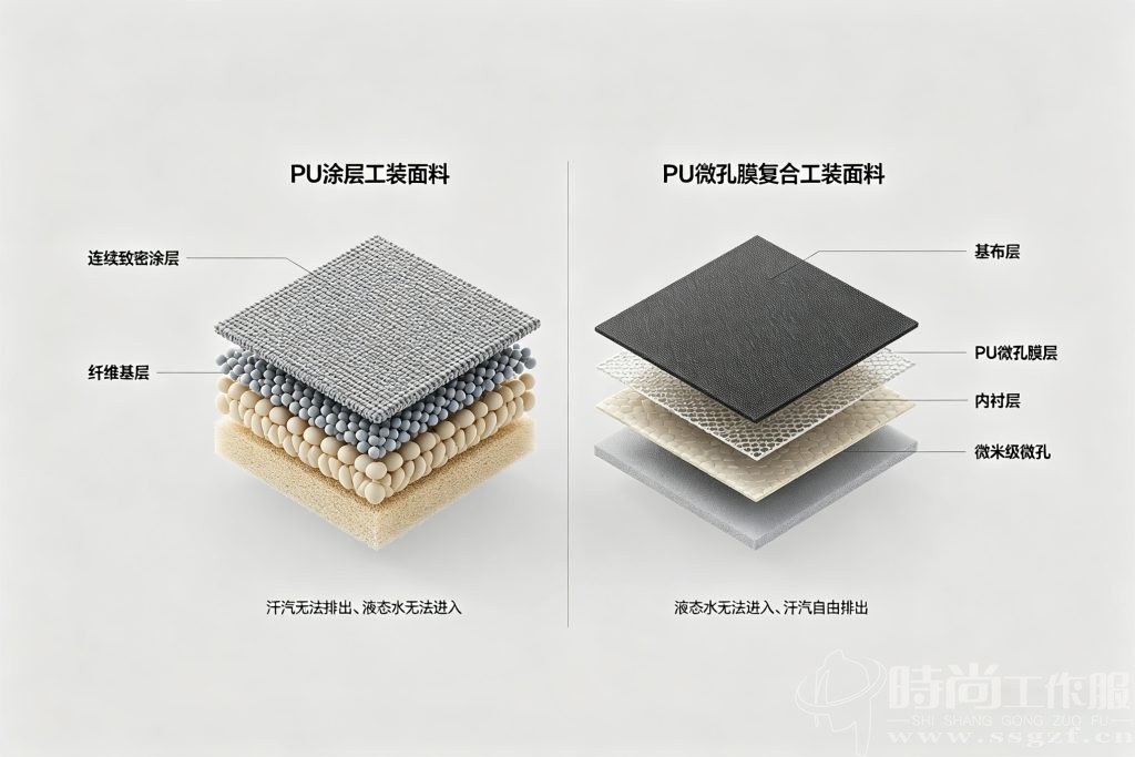 PU 涂层与 PU 膜复合工装冲锋衣面料透气原理结构对比图 - 时尚工作服网