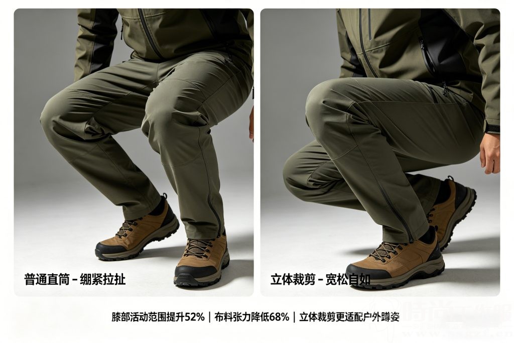 冲锋裤核心工艺细节实测对比图 - 蹲下膝盖,立体裁剪 - 殷楚珹工装顾问