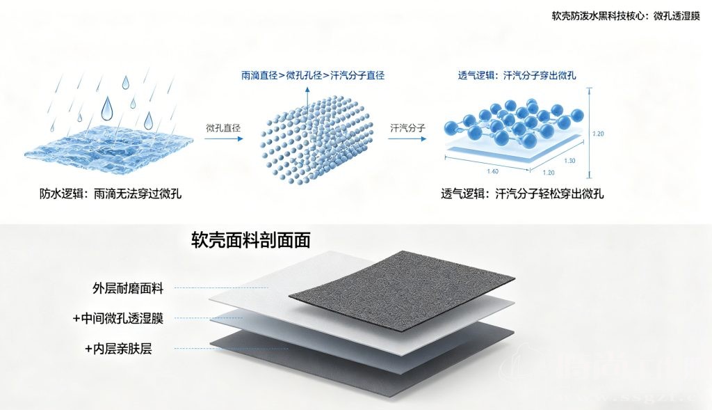 软壳衣微孔透湿膜原理图解 面料三层结构实物特写 殷楚珹工装顾问 时尚工作服网