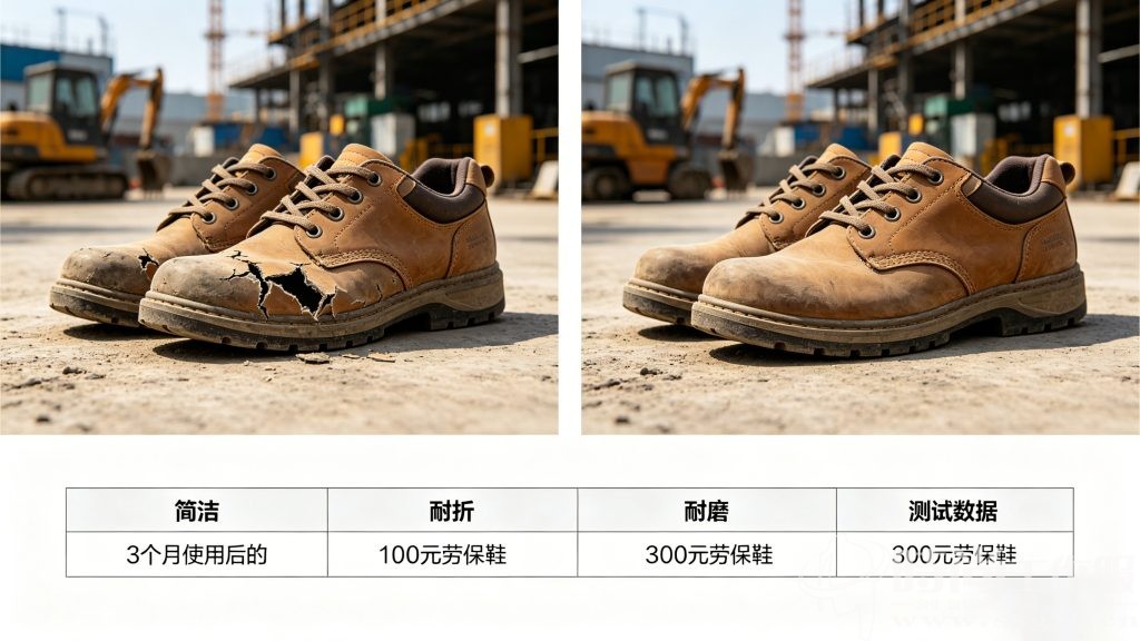 100 元与 300 元劳保鞋 3 个月实景穿戴对比图 + 实验室老化测试结果展示