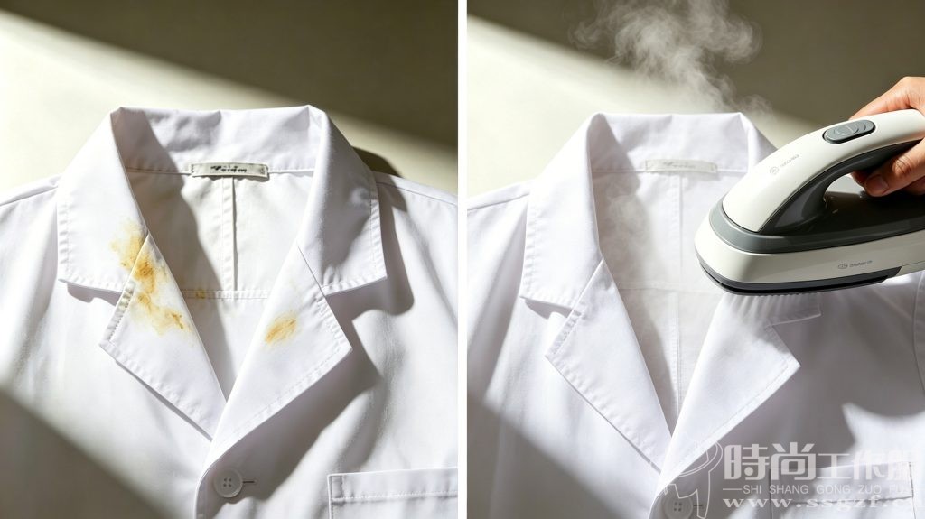 白大褂去黄前后对比 + 挂烫机蒸汽提亮法实拍