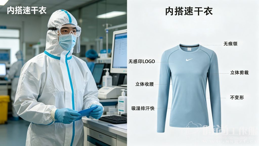 防护服内搭无缝速干衣实物展示与防疫穿戴场景实拍