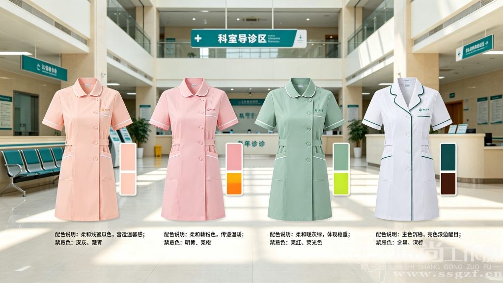 医院各科室导诊服分科配色方案与实物色卡展示