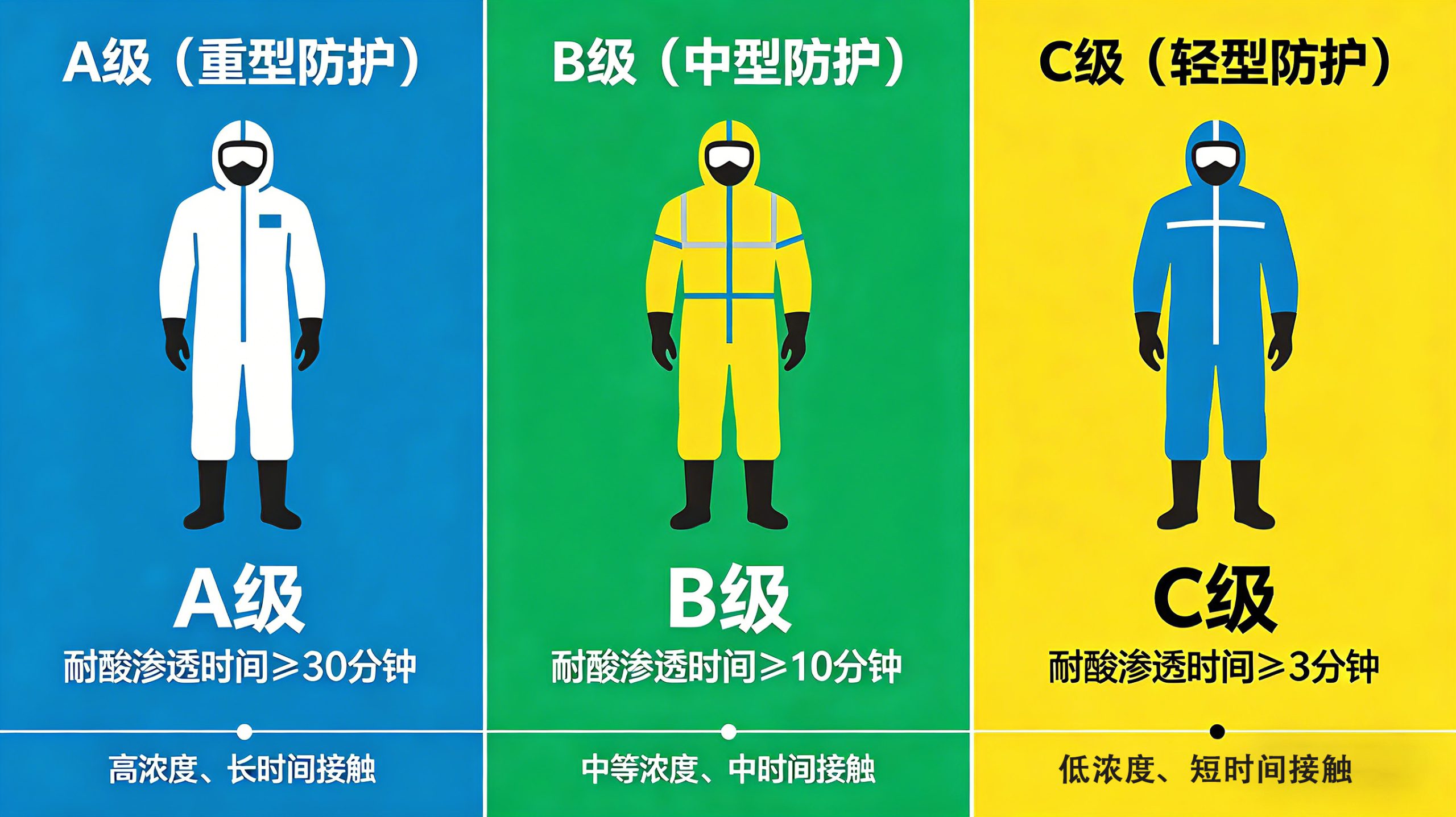 防酸碱服A/B/C三级参数对比 GB 24540-2009 耐酸渗透时间 耐酸压