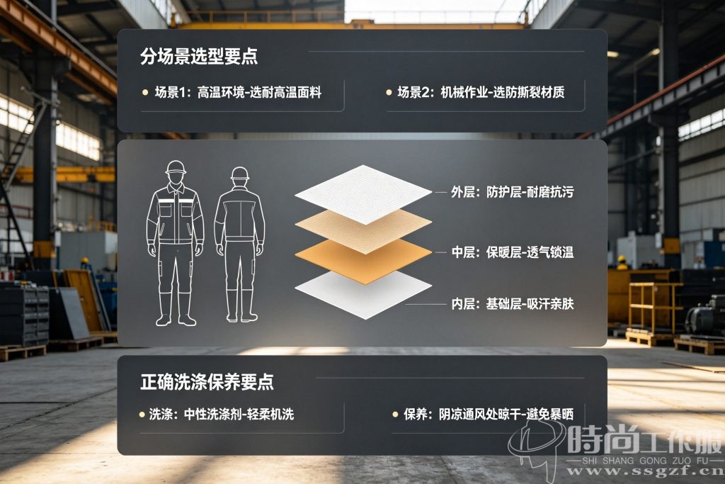 工装冲锋衣分场景选型与正确穿着保养指南示意图 - 殷楚珹工作服定制顾问