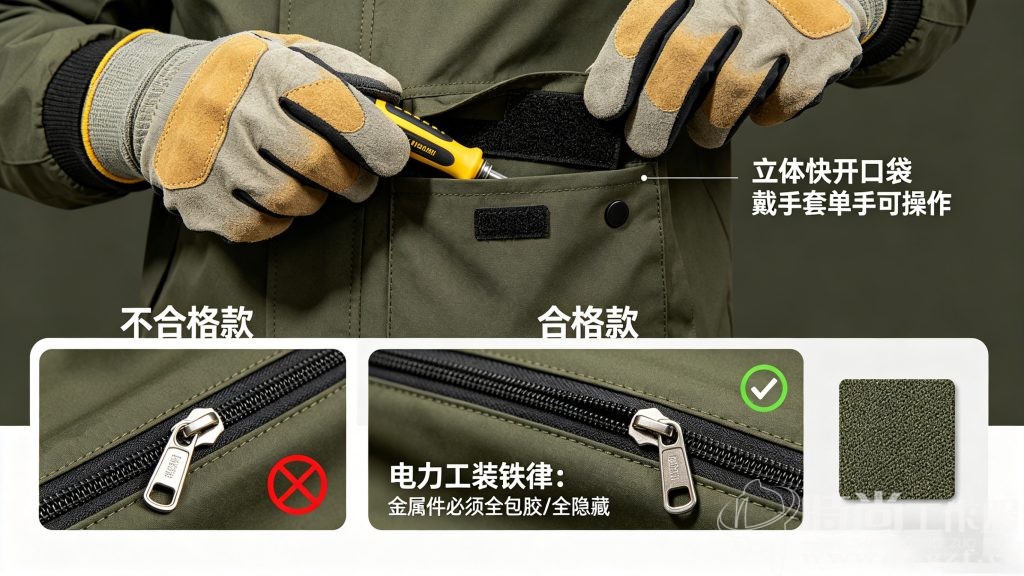 电工软壳单手开合立体口袋 五金件避坑对比 殷楚珹工装顾问 时尚工作服网