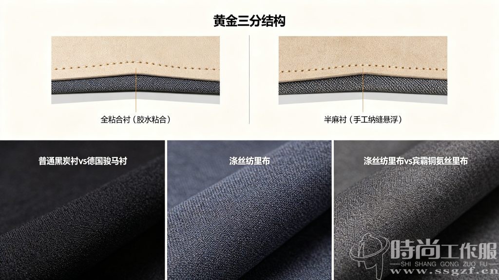 粘合衬 vs 半麻衬西装剖截面 衬布里布工艺细节特写