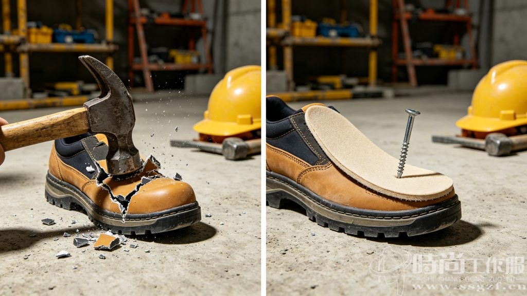 低价劳保鞋防砸防刺穿性能实测，锤子砸击后包头变形、钉子刺穿鞋底实拍