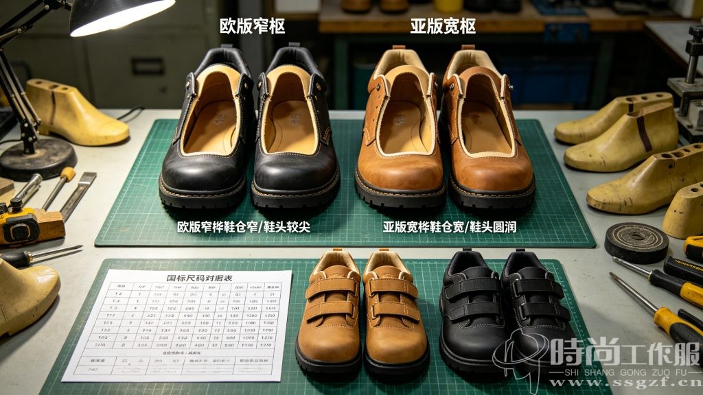 劳保鞋欧版窄楦与亚版宽楦内部结构对比，宽脚高脚背适配鞋型展示与国标尺码对照表