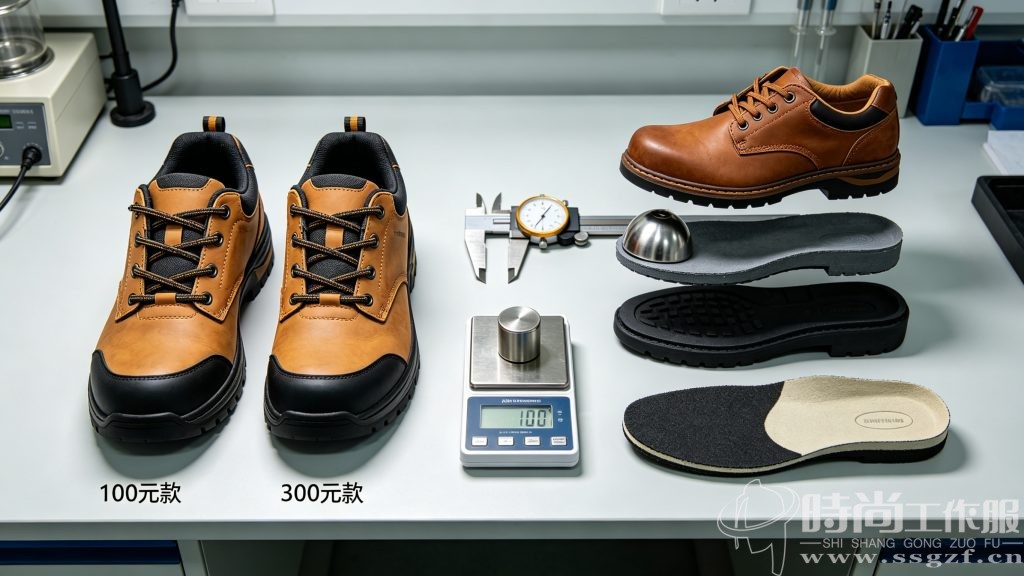 100 元与 300 元劳保鞋外观对比 + 核心部件拆解实测，游标卡尺测量皮料厚度、钢头参数实拍