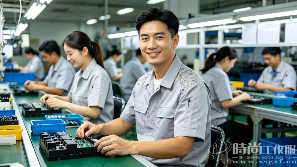 工厂车间员工穿着时尚工作服网定制的夏季透气工作服流水线作业