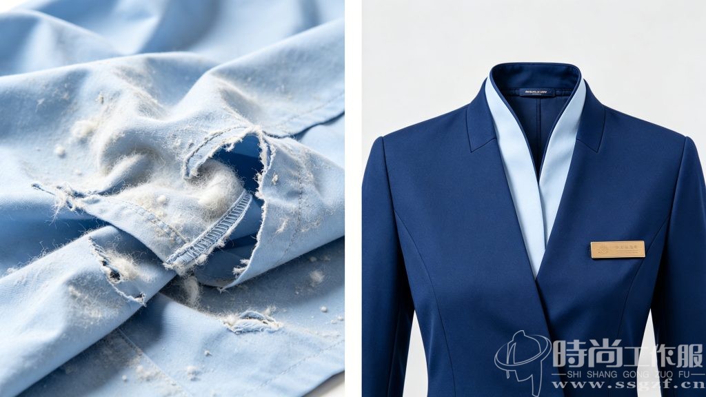 50 次工业洗涤后两款保洁服面料状态对比实拍