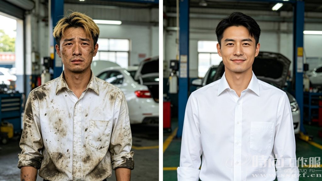 4S 店技师穿着两款白衬衫一天工作后状态对比实拍