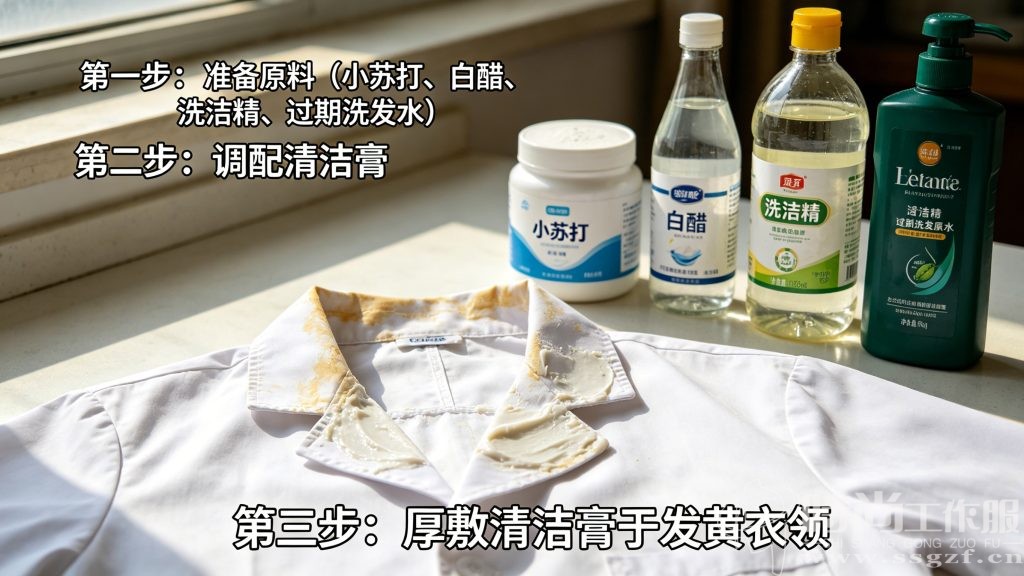 白大褂衣领去黄三步清洁法操作实物实拍