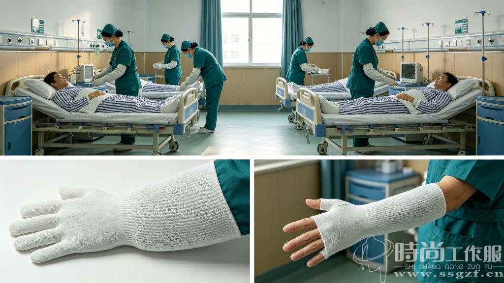 精神科高风险病区防抓伤长手套式袖套工装实物与穿戴场景实拍