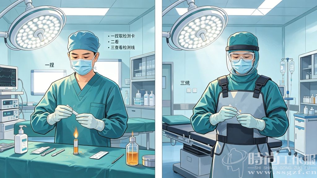 医护人员手术室穿戴刷手衣实操场景