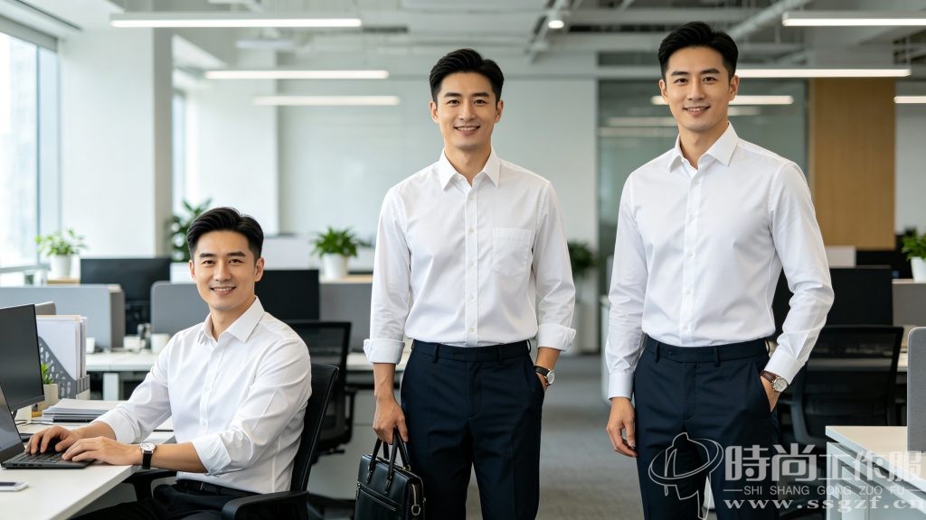时尚工作服网 多岗位男士商务衬衫上身效果 企业团队工服衬衫版型展示 殷楚珹工装顾问