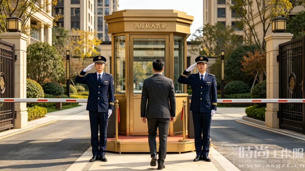 高端小区门岗保安穿着时尚工作服网定制的物业工装规范立岗敬礼