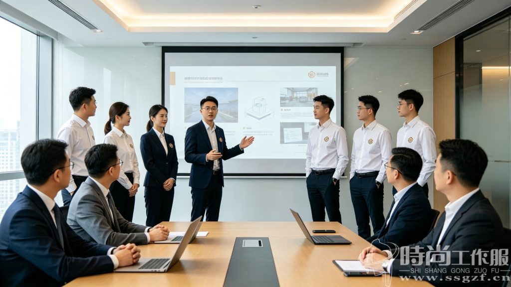 8 人广告团队穿着定制工服在甲方提案现场实拍