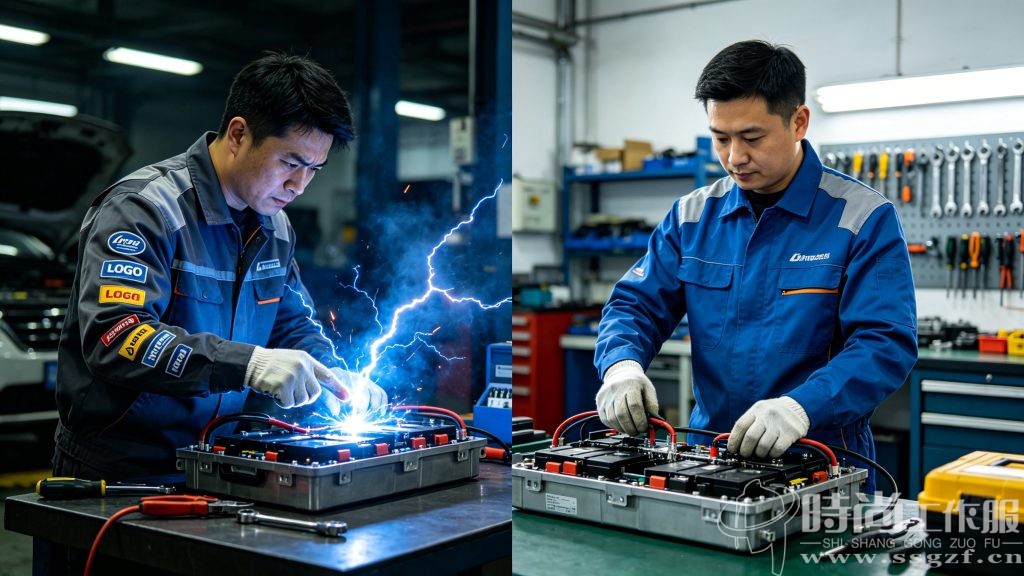 新能源汽修车间不合规工服 vs 合规工服操作场景对比实拍