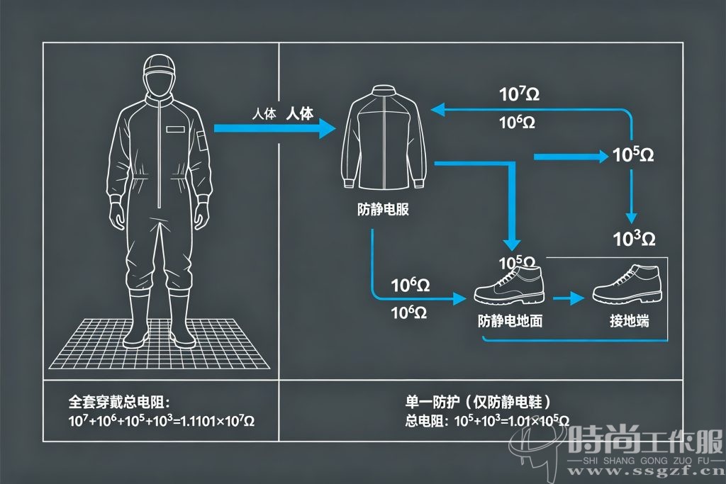 静电防护系统电阻回路示意图，缺一环则整体失效