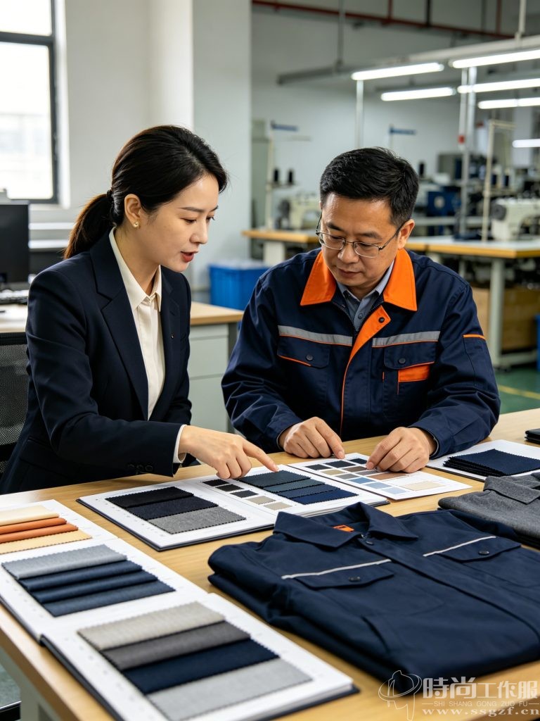 殷楚珹工装顾问为车间主任讲解春秋工装面料样卡与选款技巧