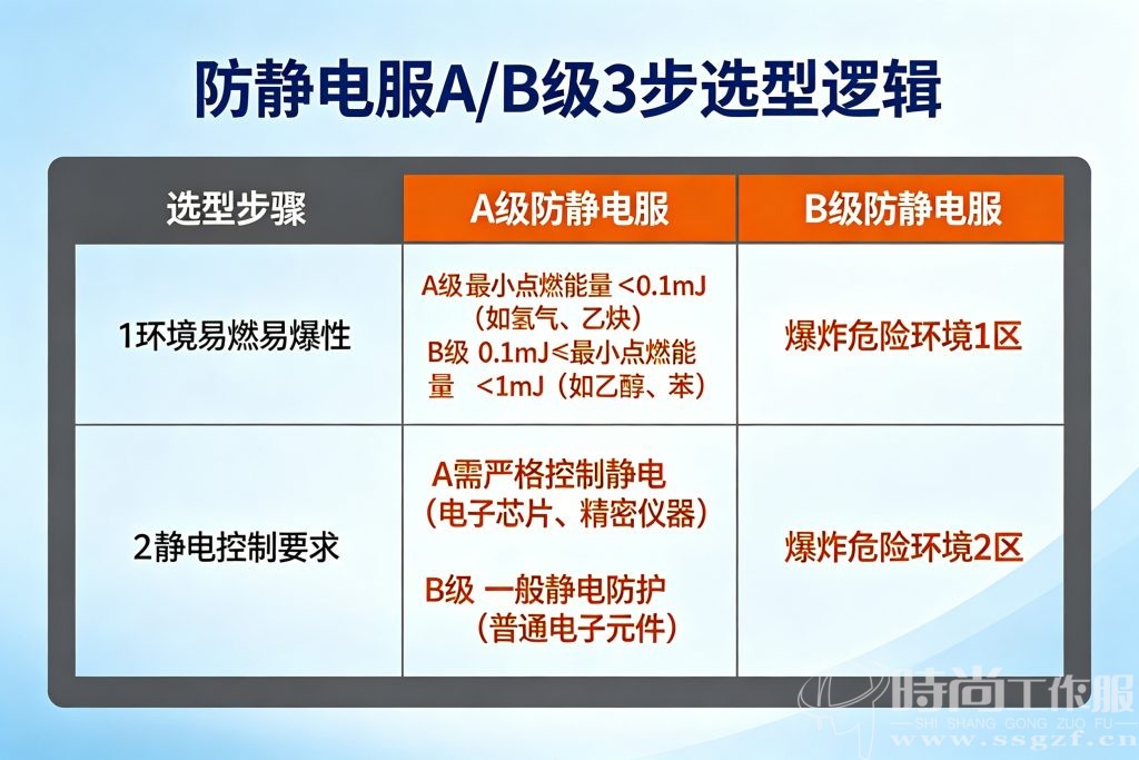 防静电服 A 级 B 级 3 步选型决策表