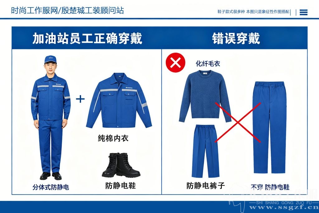 加油站员工正确穿戴防静电装备示意图