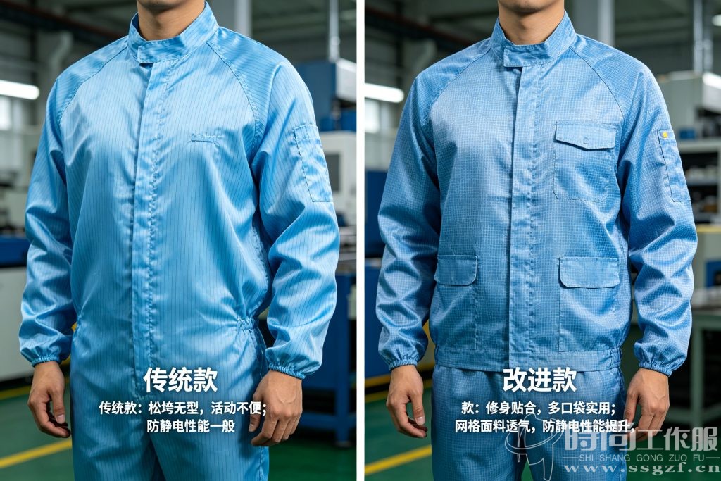 传统防静电服与改进后防静电服对比图
