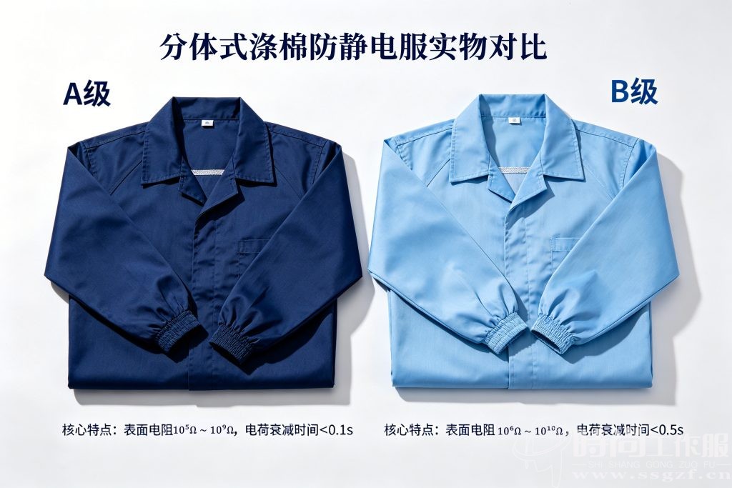 A 级 B 级分体式涤棉防静电服实物对比图