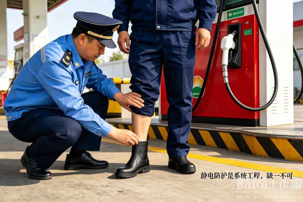 安监人员现场检查防静电鞋，这是静电防护最容易被忽视的环节